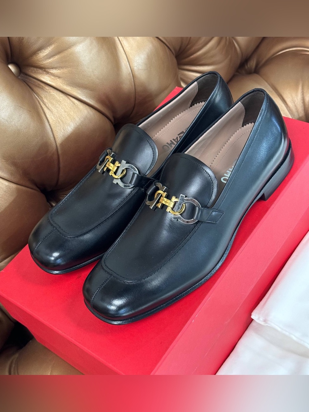 NEW Salvatore Ferragamo Gancini square-toe black leather gold tone loafers dress